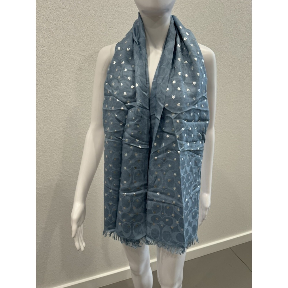 Coach Women's Signature C Long Neck Wrap Scarf Blue Silver Stars Blend